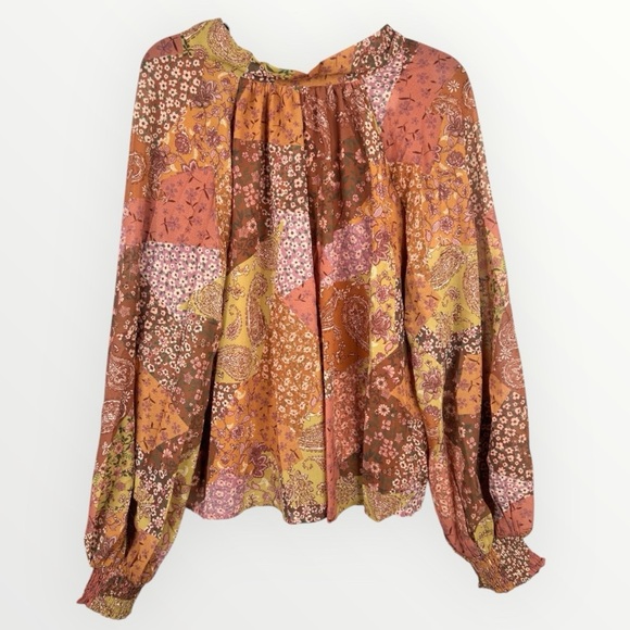 Aura Floral Paisley Patchwork Long Sleeve Peasant Blouse Size L Tie Back - Picture 1 of 12